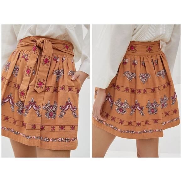 Anthropologie Meghan Embroidered Belted Mini Skirt with Pockets Orange Pink 4 - Picture 14 of 14